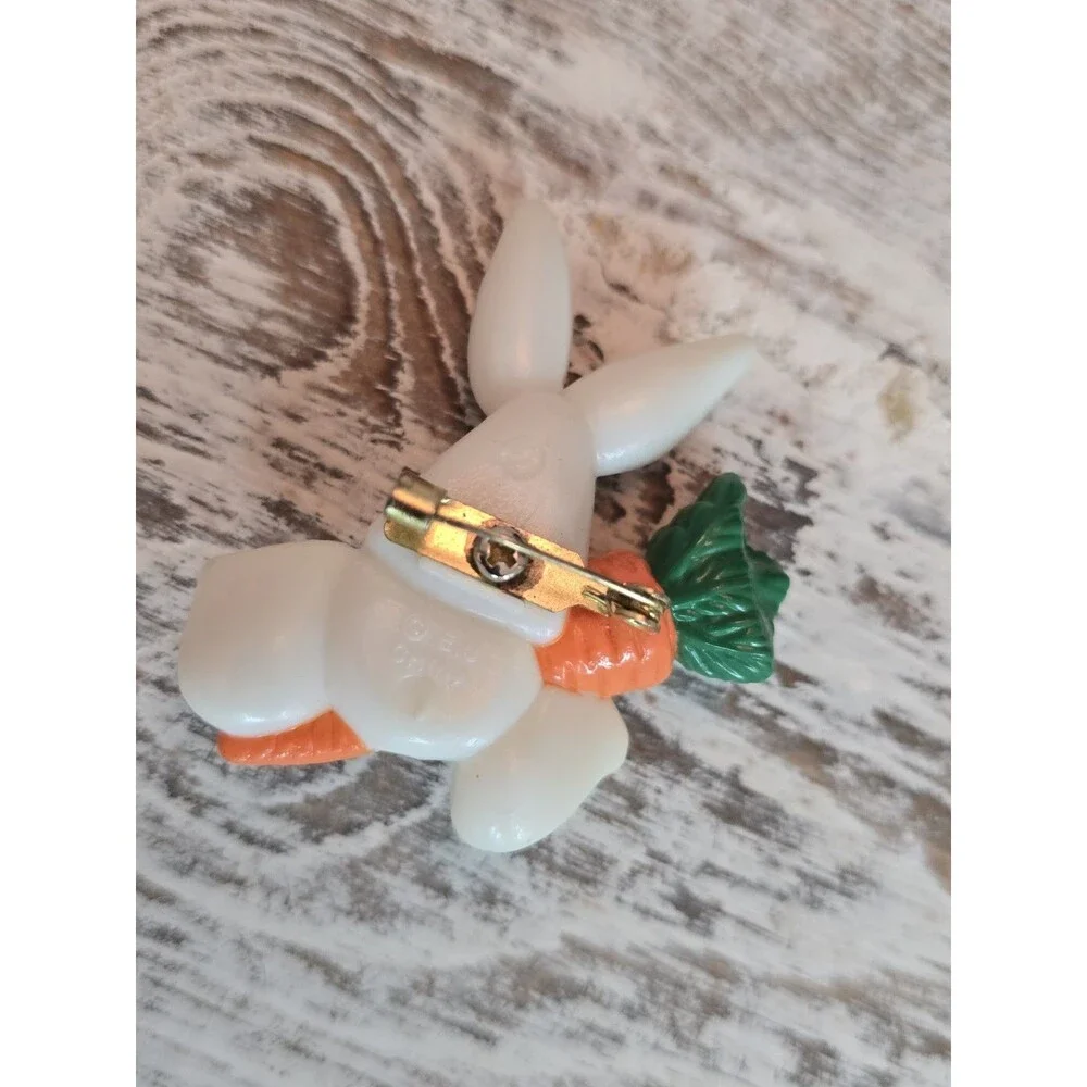 Vintage Easter Bunny Brooch Carrot Cute Novelty Pin Plastic China Jewelry #415